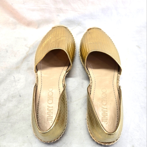 Jimmy Choo 39 Dreya Gold Cubed Mirror D'Orsay Leather Espadrille Flat Shoe EUC - Picture 5 of 8